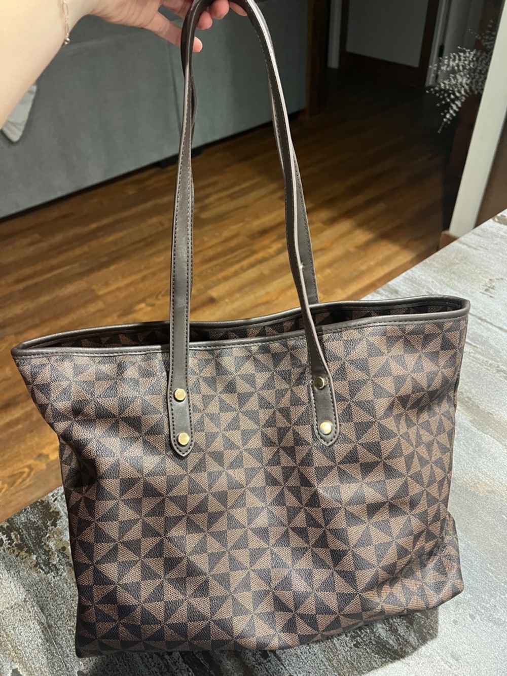 Brown Geometric Print Tote Bag with Long Shoulder Straps